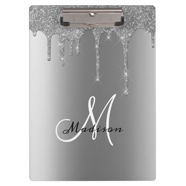 Carpeta De Pinza Monograma Plateado Brillo que Cae en Gotas Nombre  (Anverso)