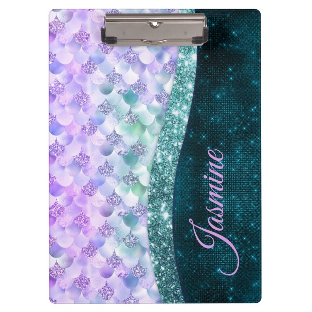 Carpeta De Pinza Monograma purpurina de imitación plateado verde az (Anverso)