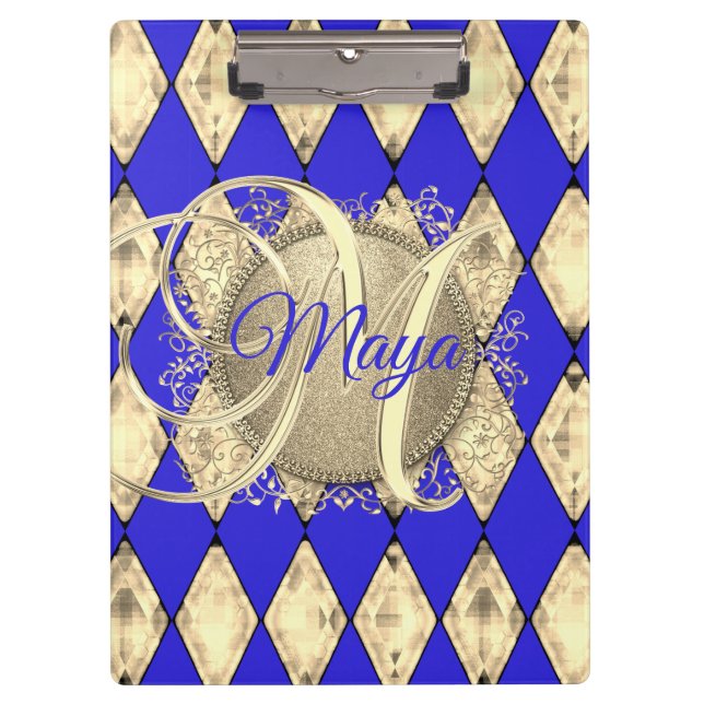 Carpeta De Pinza Monograma Real de Glam Azul y Oro (Anverso)