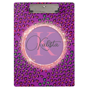 Carpeta De Pinza Monograma rosa y púrpura de leopardo de las lunas