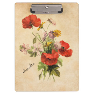 Carpeta De Pinza Monograma Rústico Vintage Bouquet Rojo Poppies Bei
