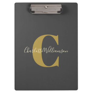 Carpeta De Pinza Monograma y nombre personalizados simples en negro
