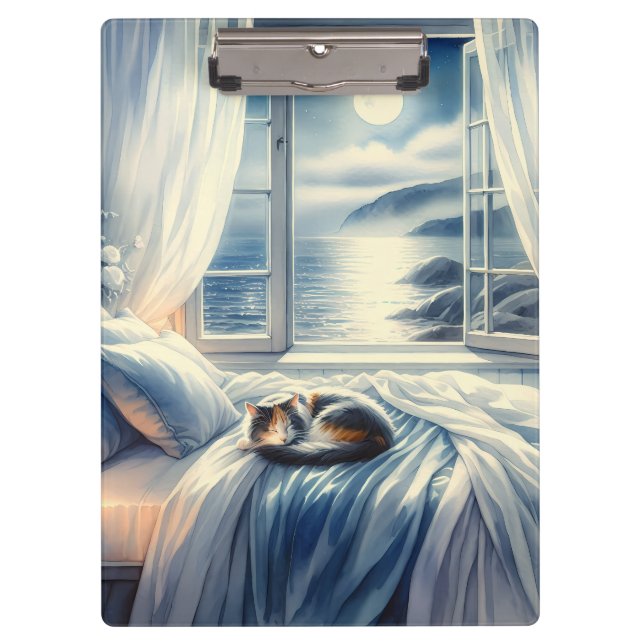 Carpeta De Pinza Moonlit Coastal Bedroom with Sleeping Cat (Anverso)