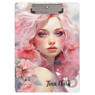 Carpeta De Pinza Mujer hermosa con el pelo rosado y el vestido rosa