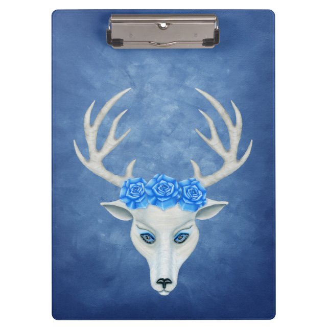 Carpeta De Pinza Mystical White Deer Head Blue Eyes Antlers Rosas (Anverso)