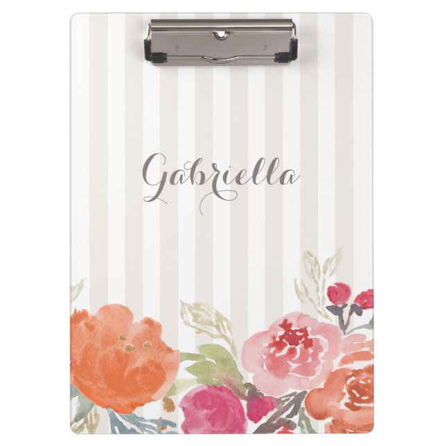 Carpeta De Pinza Naranja de acuarela Peonies Pinstripes Personaliza (Anverso)