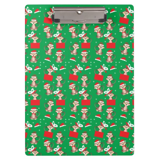 Carpeta De Pinza Navidades mono patrón verde rojo (Anverso)