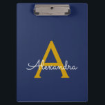 Carpeta De Pinza Navy Blue Gold Modern Script Girly Monograma Nombr<br><div class="desc">Portapapeles de planeación de nombres de monograma azul marino y dorado. Esto hace que el dulce perfecto cumpleaños 16,  boda,  ducha de novia,  aniversario,  ducha de bebé o fiesta de soltera sea regalo para alguien que ama el lujo glam y los estilos de moda.</div>
