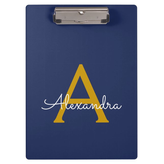 Carpeta De Pinza Navy Blue Gold Modern Script Girly Monograma Nombr (Anverso)