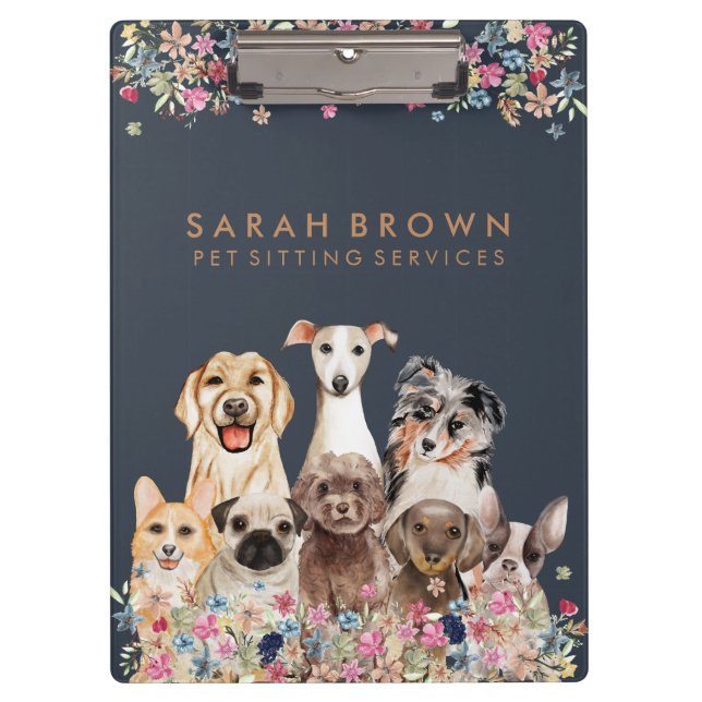 Carpeta De Pinza Navy Brown Cute Dog Groomer Small Business flowers (Anverso)