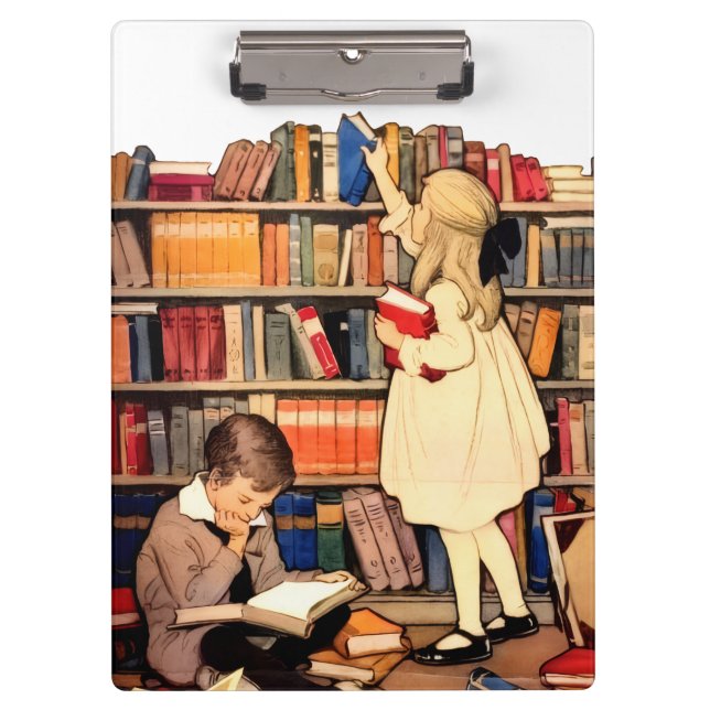 Carpeta De Pinza Niños Antiguos Leyendo Libros de Biblioteca (Anverso)