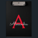 Carpeta De Pinza Nombra de monograma de guión negro rojo<br><div class="desc">Portapapeles de planeación de nombres de monograma negro y rojo. Esto hace que el dulce perfecto cumpleaños 16,  boda,  ducha de novia,  aniversario,  ducha de bebé o fiesta de soltera sea regalo para alguien que ama el lujo glam y los estilos de moda.</div>