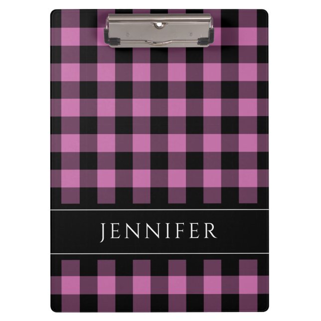 Carpeta De Pinza Nombre Cheques rosados y negros Plaid Gingham Patt (Anverso)