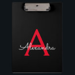 Carpeta De Pinza Nombre con monograma de chica en guión negro rojo<br><div class="desc">Portapapeles de planificación de nombre con monograma negro y rojo. Este es el regalo perfecto para cumpleaños de dulces 16,  boda,  despedida de soltera,  aniversario,  baby shower o fiesta de despedida para alguien que ama el lujo glamoroso y los estilos chic.</div>