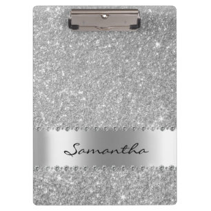 Carpeta De Pinza Nombre de Chica Brillante Plata Diamante Purpurina
