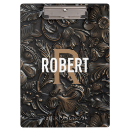 Carpeta De Pinza Nombre de monograma de cuero labrado marrón oscuro