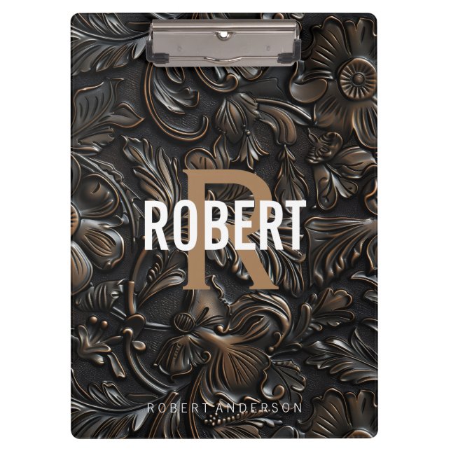 Carpeta De Pinza Nombre de monograma de cuero labrado marrón oscuro (Anverso)