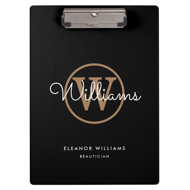 Carpeta De Pinza Nombre de Monograma de Guión Blanco Oro Negro (Anverso)