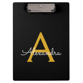 Carpeta De Pinza Nombre de monograma de guion moderno de oro negro