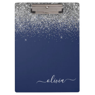 Carpeta De Pinza Nombre de monograma femenino con brillo azul marin