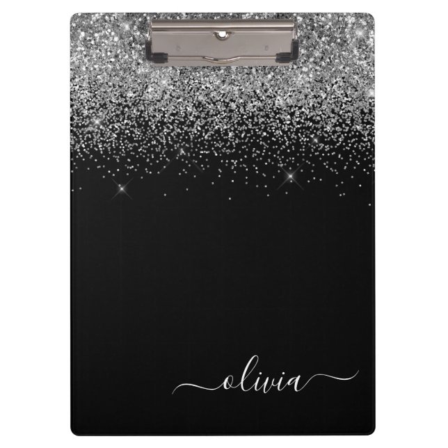 Carpeta De Pinza Nombre de monograma glitter plateado negro femenin (Anverso)