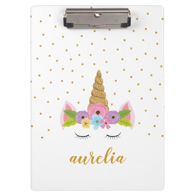 Carpeta De Pinza Nombre Girly personalizado de Cute Unicorn Gold Pu (Anverso)