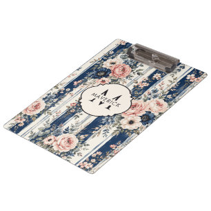 Carpeta De Pinza Nombre inicial en raya floral de acuarela navy