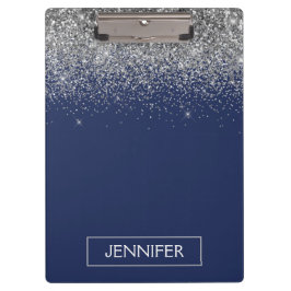 Carpeta De Pinza Nombre Monograma Glitter Azul Marino Plateado Feme