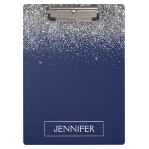 Carpeta De Pinza Nombre Monograma Glitter Azul Marino Plateado Feme
