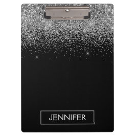 Carpeta De Pinza Nombre Monograma Glitter Plateado Negro Femenino