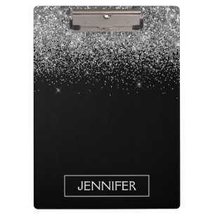 Carpeta De Pinza Nombre Monograma Glitter Plateado Negro Femenino
