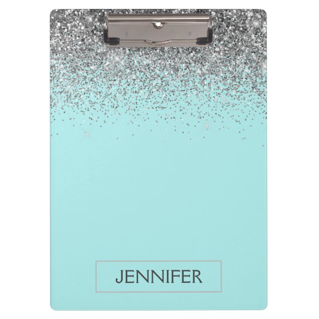 Carpeta De Pinza Nombre Monograma Glitter Rosa Azul Acuático Teal P (Anverso)