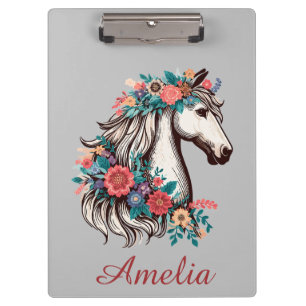 Carpeta De Pinza Nombre personalizado Boho Horse con flores