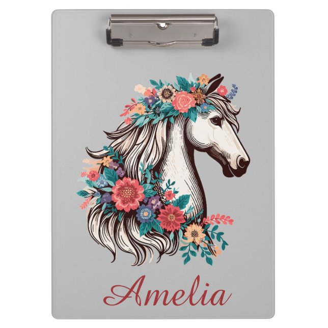 Carpeta De Pinza Nombre personalizado Boho Horse con flores (Anverso)