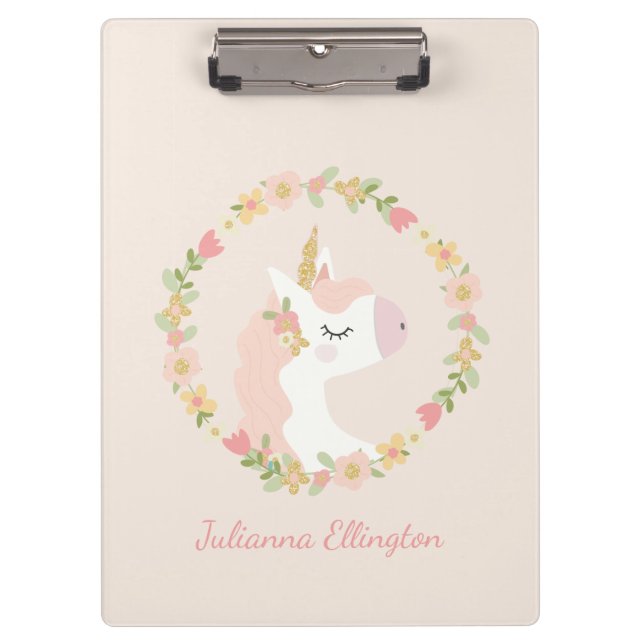 Carpeta De Pinza Nombre personalizado color floral de unicornio cor (Anverso)