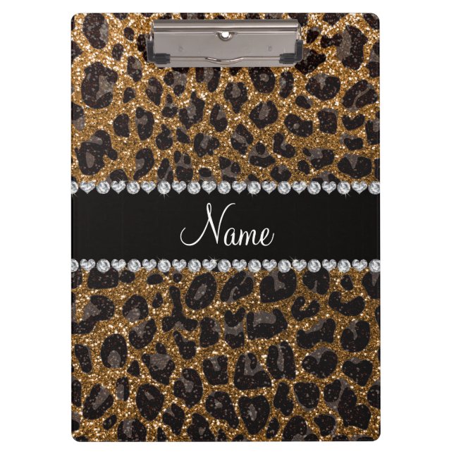 Carpeta De Pinza Nombre personalizado purpurina leopardo impresión (Anverso)
