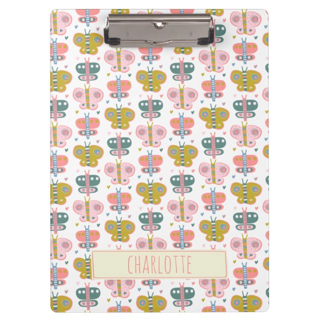 Carpeta De Pinza Nombre Personalizado Retro Pink Butterflies Studen (Anverso)