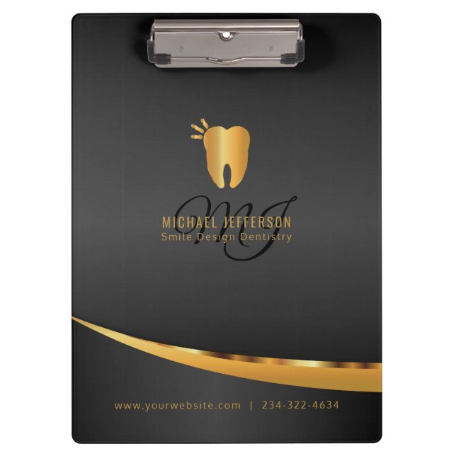 Carpeta De Pinza Oficina del dentista del monograma - negro y oro (Anverso)