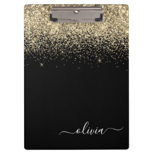 Carpeta De Pinza Oro Negro Glitter Nombre Monograma Femenino