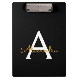 Carpeta De Pinza Oro Negro Nombre Monograma Moderno Script Femenino