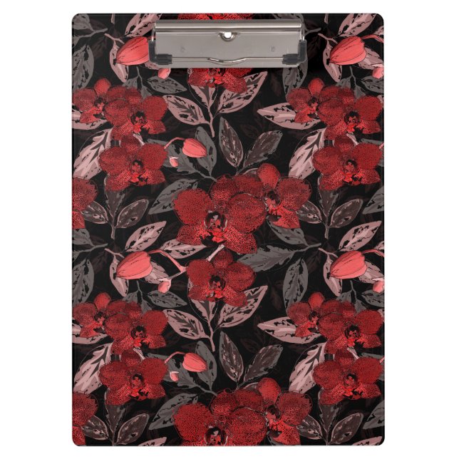 Carpeta De Pinza orquídeas rojas sobre negro. (Anverso)