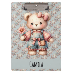 Carpeta De Pinza Oso de peluche pastel sosteniendo una flor con ove
