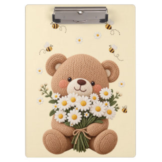 Carpeta De Pinza Oso de peluche tejido con ramo de margaritas y ado