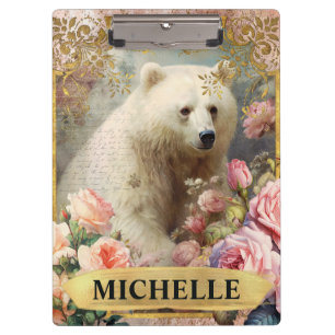Carpeta De Pinza Oso polar vintage acuarela y rosas rosadas
