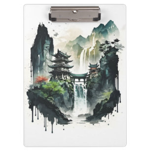 Carpeta De Pinza Paisaje antiguo de la tinta china con cascada