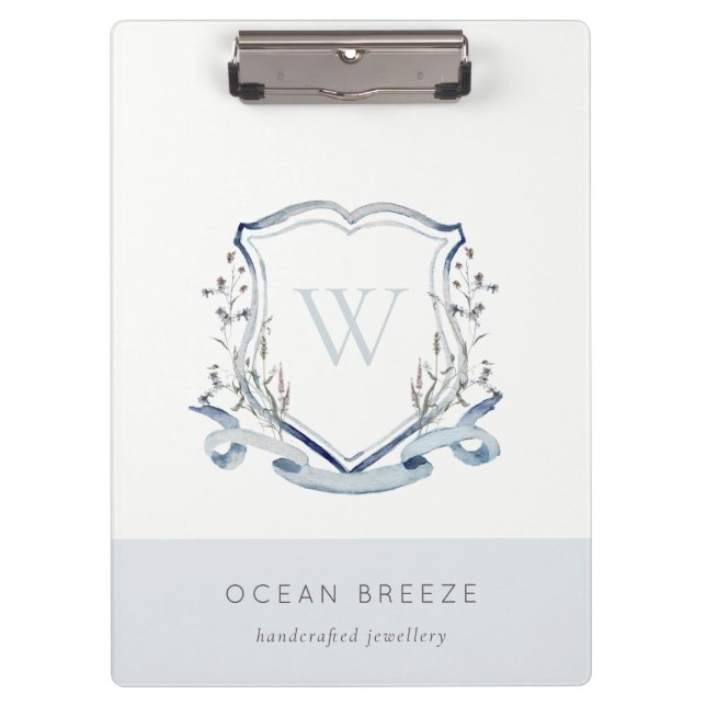 Carpeta De Pinza Pastel Azul Flor silvestre Escudo Monograma (Anverso)