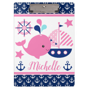 Carpeta De Pinza Patrón de ballenas náuticas rosadas y anclas