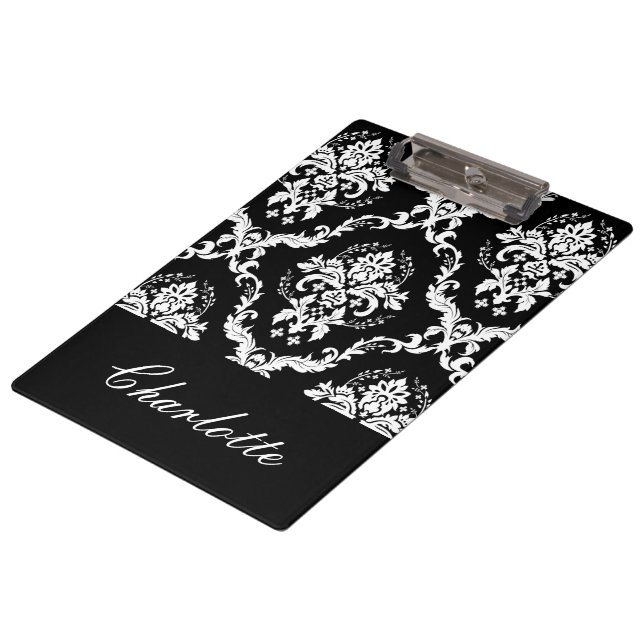 Carpeta De Pinza Patrón De Damasco Blanco Y Negro Personalizado (Angular)