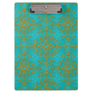 Carpeta De Pinza Patrón de estilo damasco de oro y turquesa