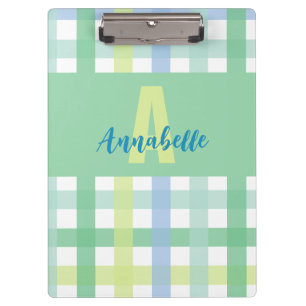 Carpeta De Pinza Patrón de Gingham de Monograma Lime Pastel Verde A